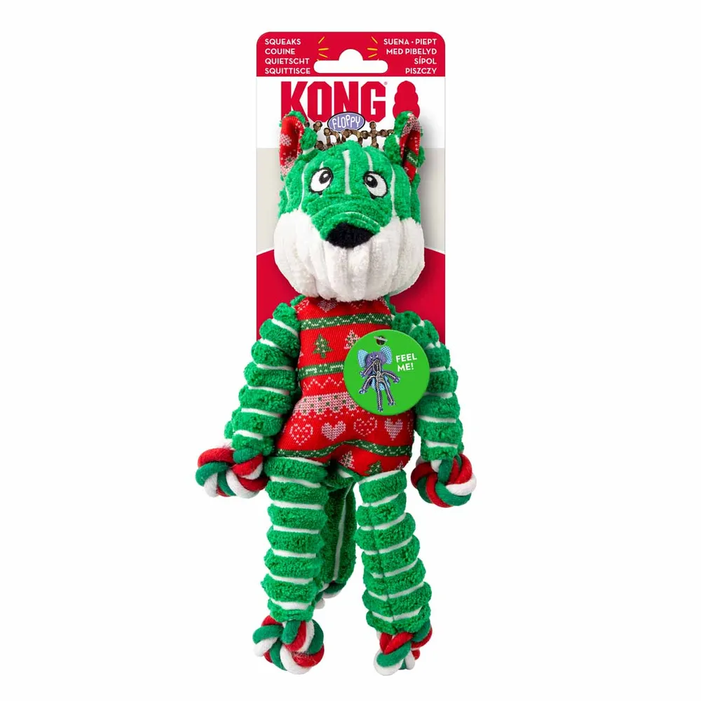 KONG Holiday Floppy Knots Fox S/M - et klassisk plys-hundelegetøj med reb og knuder, pivelyd og juletema.